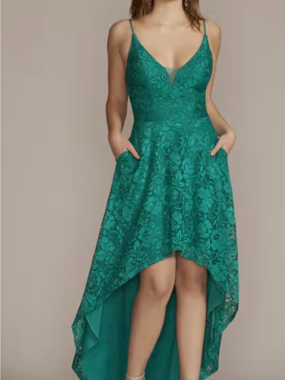 David's Bridal Teal Lace High-Low Dress with Pockets